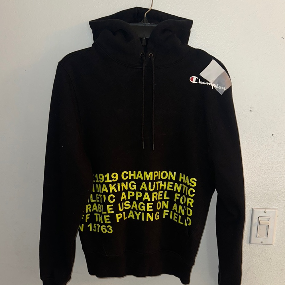 Champion Black Hoodie with Vibrant Yellow Text